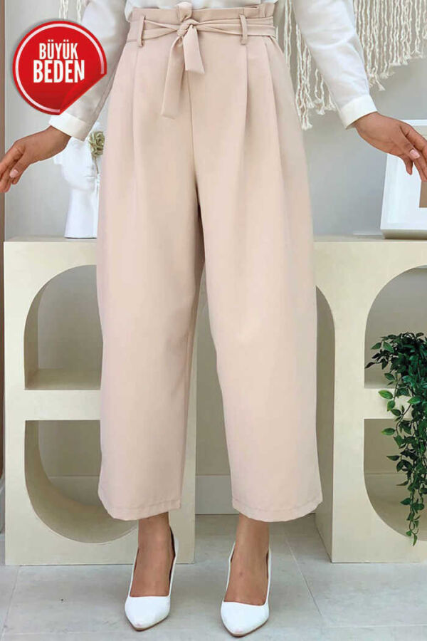 0174-1 Large Size Waist Tied Trousers Stone - 1