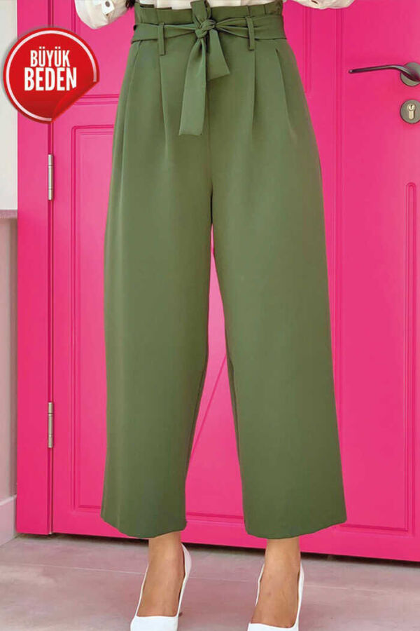 0174-1 Large Size Waist Tied Trousers Khaki - 1