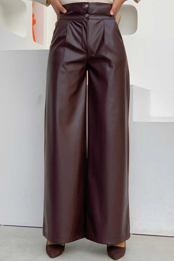 Zippered Button Detailed Leather Pocket Trousers 0253 Claret Red - 1