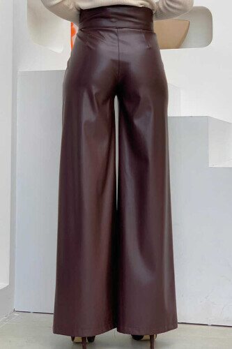 Zippered Button Detailed Leather Pocket Trousers 0253 Claret Red - 2