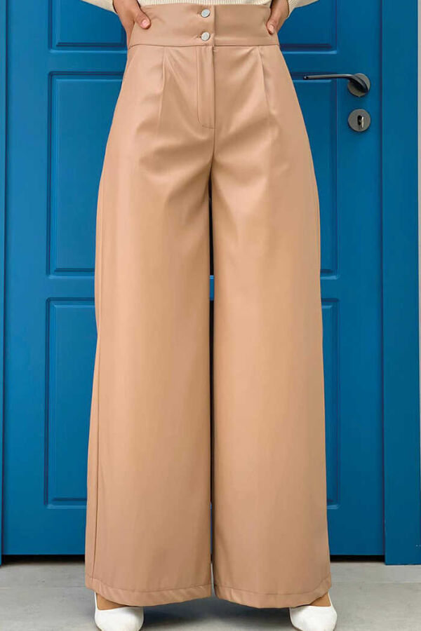 Zippered Button Detailed Leather Pocket Trousers 0253 Mink - 1