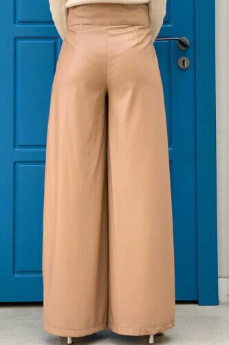 Zippered Button Detailed Leather Pocket Trousers 0253 Mink - 2