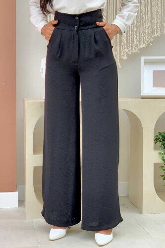 Hose mit weitem Bein und Taschenknopfdetail 0261 Schwarz 