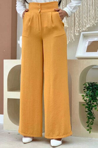 Pocket Button Detailed Wide Leg Trousers 0261 Mustard 