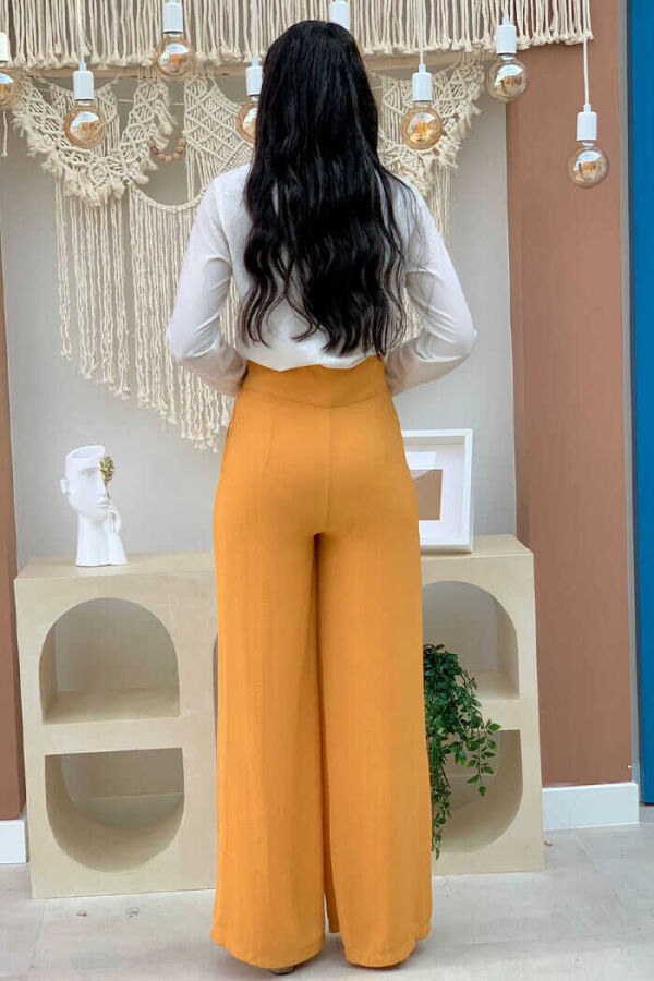 Pocket Button Detailed Wide Leg Trousers 0261 Mustard - 2