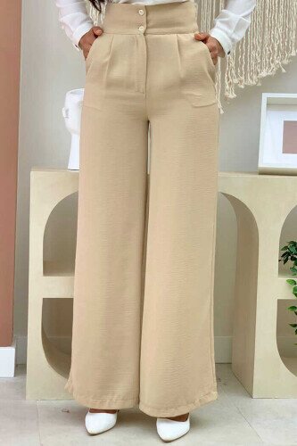 Pocket Button Detailed Wide Leg Trousers 0261 Stone 