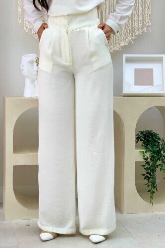 Pocket Button Detailed Wide Leg Trousers 0261 Ecru 