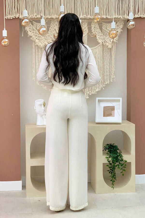 Pocket Button Detailed Wide Leg Trousers 0261 Ecru - 2