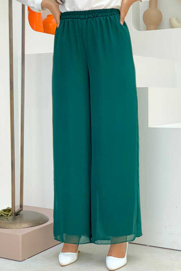 Waist Elastic Lined Chiffon Trousers 0267 Emerald - 1