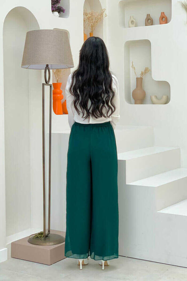 Waist Elastic Lined Chiffon Trousers 0267 Emerald - 3