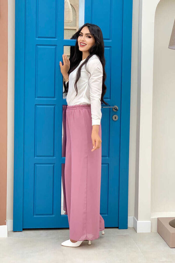 Waist Elastic Lined Chiffon Trousers 0267 Powder - 3