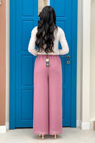 Waist Elastic Lined Chiffon Trousers 0267 Powder - 4