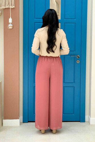 Waist Elastic Lined Chiffon Trousers 0267 Dried Rose - 3