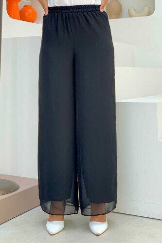 Waist Elastic Lined Chiffon Trousers 0267 Black 