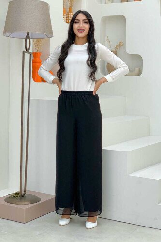 Waist Elastic Lined Chiffon Trousers 0267 Black - 2