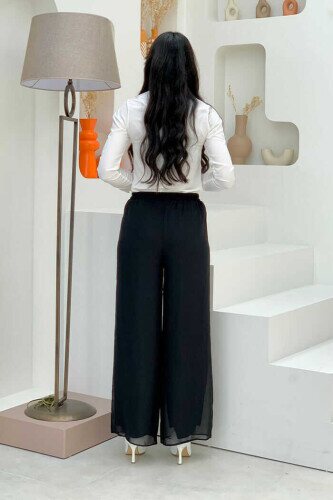 Waist Elastic Lined Chiffon Trousers 0267 Black - 3