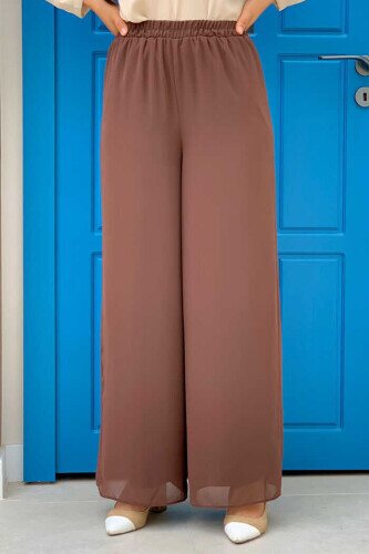 Waist Elastic Lined Chiffon Trousers 0267 Brown 