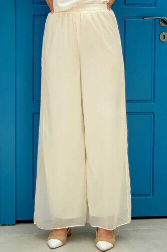 Waist Elastic Lined Chiffon Trousers 0267 Ecru 