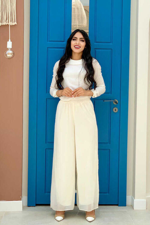 Waist Elastic Lined Chiffon Trousers 0267 Ecru - 2