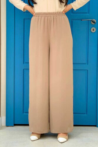 Waist Elastic Lined Chiffon Trousers 0267 Mink - 1