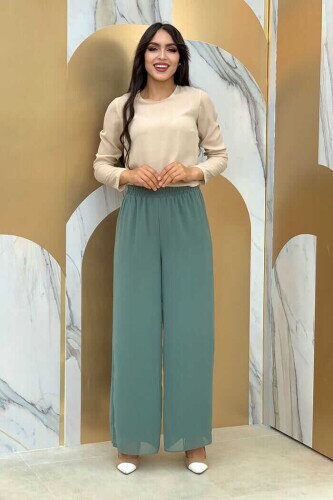 Waist Elastic Lined Chiffon Trousers 0267 Mint - 2