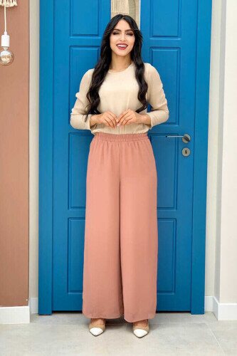 Waist Elastic Lined Chiffon Trousers 0267 Salmon - 2