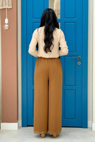 Waist Elastic Lined Chiffon Trousers 0267 Tan - 3