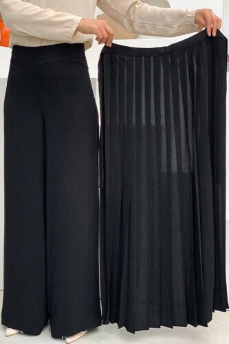 Pleated Separate Tie Piece Detailed Trouser Skirt 0274 Black - 5