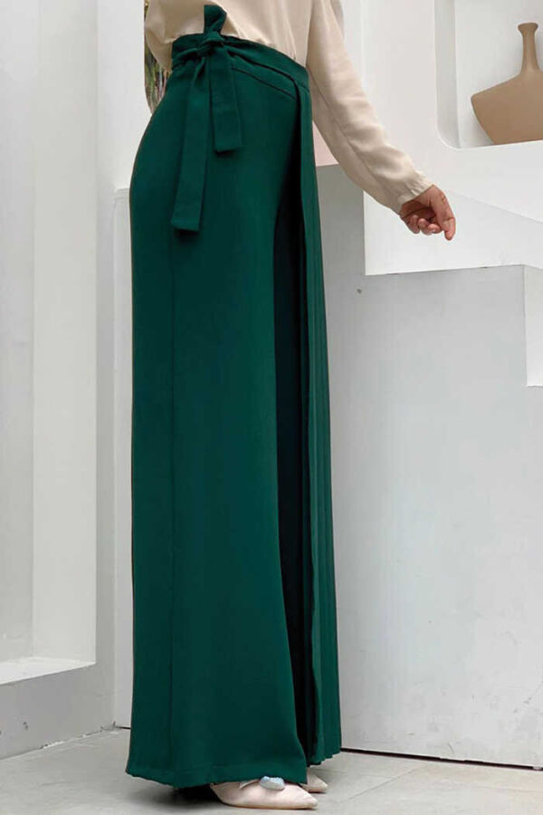 Pleated Separate Tie Detailed Trouser Skirt 0274 Emerald - 3