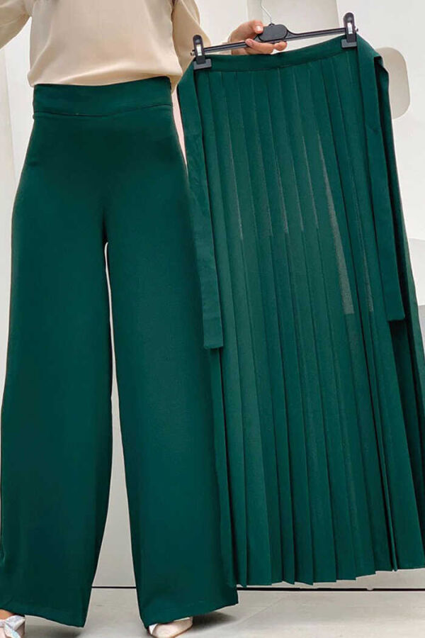 Pleated Separate Tie Detailed Trouser Skirt 0274 Emerald - 4