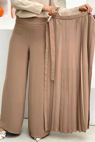 Pleated Separate Tie Detailed Trouser Skirt 0274 Mink - 4