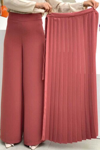 Pleated Separate Tied Piece Detailed Trouser Skirt 0274 Dried Rose - 5