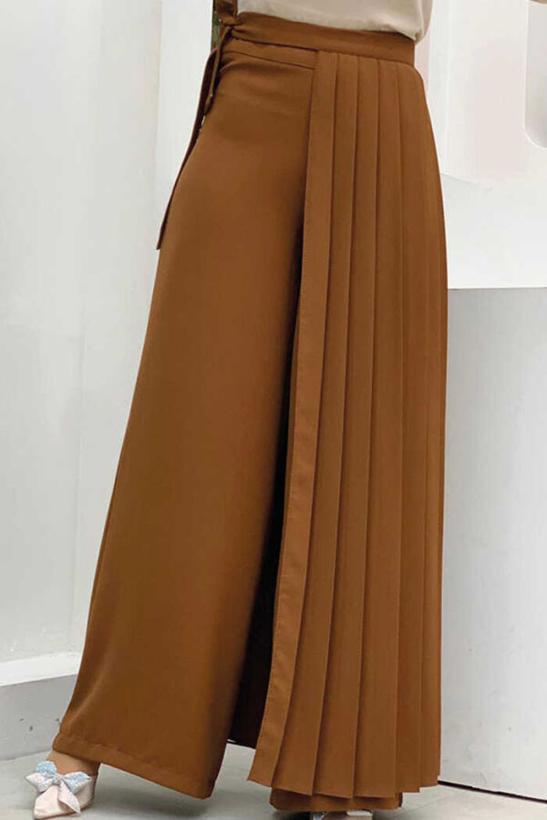 Pleated Separate Tied Piece Detailed Trouser Skirt 0274 Tan - 1