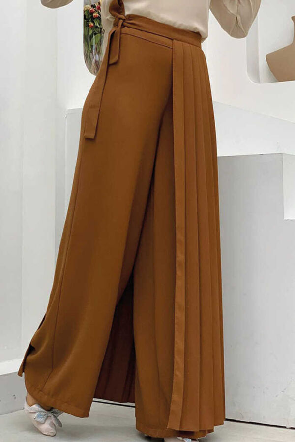 Pleated Separate Tied Piece Detailed Trouser Skirt 0274 Tan - 3