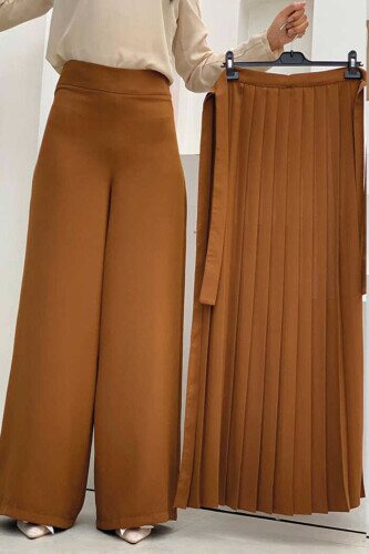 Pleated Separate Tied Piece Detailed Trouser Skirt 0274 Tan - 4