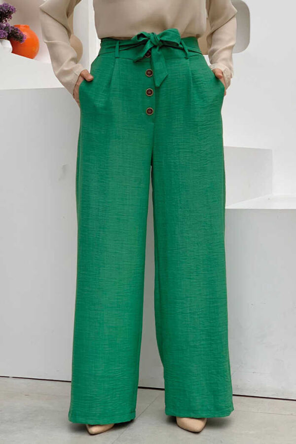 Button Detailed Waist Tie Pocket Loose Trousers 0275 Emerald - 1