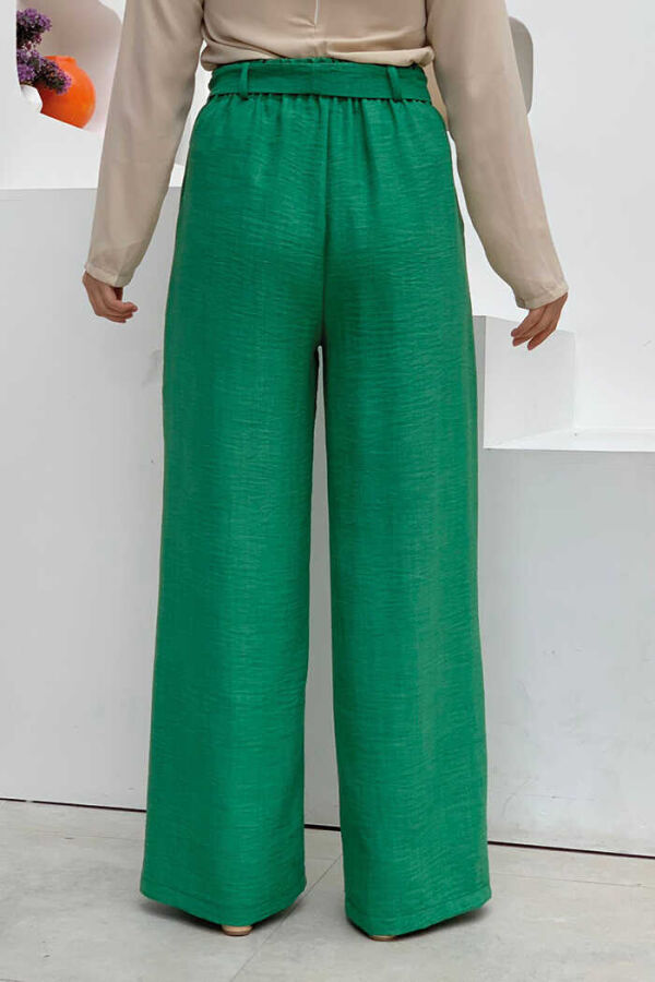 Button Detailed Waist Tie Pocket Loose Trousers 0275 Emerald - 2