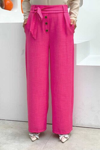 Button Detailed Waist Tie Pocket Loose Trousers 0275 Fuchsia 