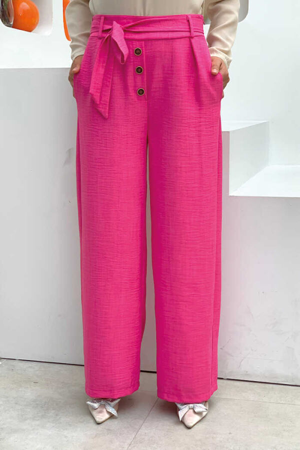 Button Detailed Waist Tie Pocket Loose Trousers 0275 Fuchsia - 1