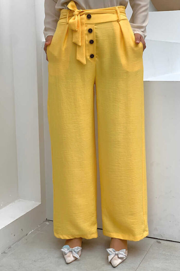 Button Detailed Waist Tie Pocket Loose Trousers 0275 Yellow - 1