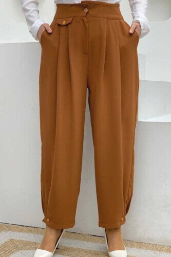 Button Detailed Pocket Shalwar Trousers 0282 Tan 