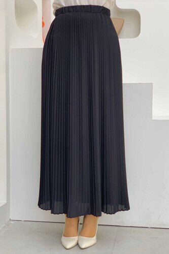 Elastic Waist Pleated Lined Chiffon Skirt 1152 Black 