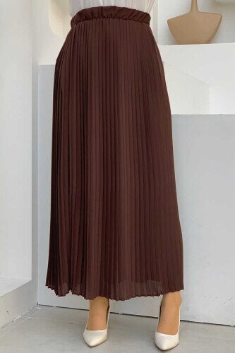 Elastic Waist Pleated Lined Chiffon Skirt 1152 Brown 