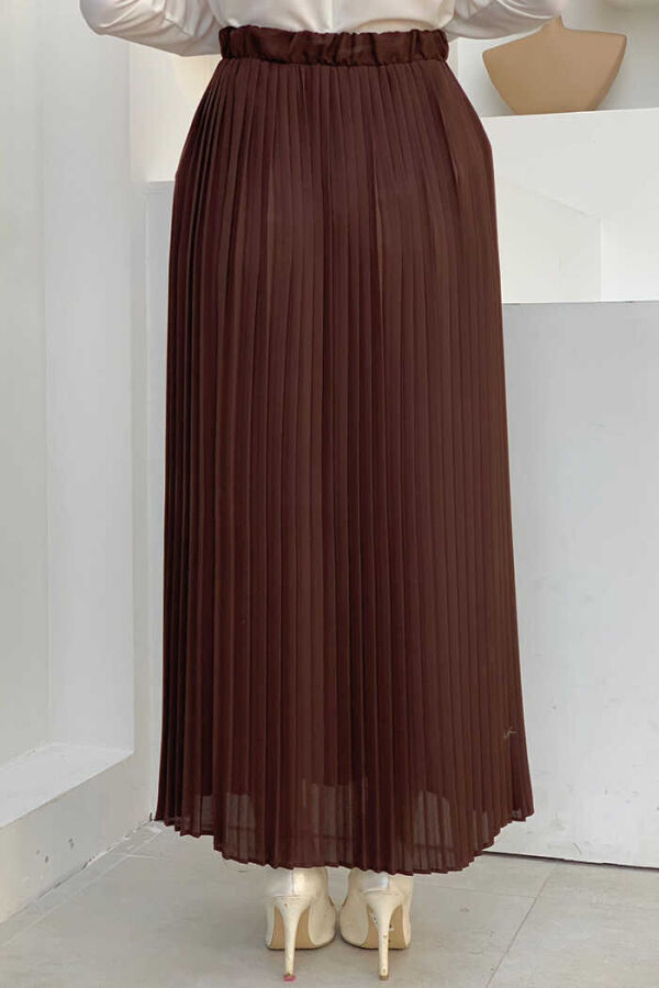 Elastic Waist Pleated Lined Chiffon Skirt 1152 Brown - 2