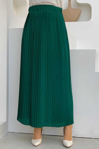 Elastic Waist Pleated Lined Chiffon Skirt 1152 Emerald - 1