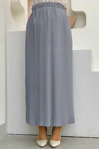 Elastic Waist Pleated Lined Chiffon Skirt 1152 Gray 