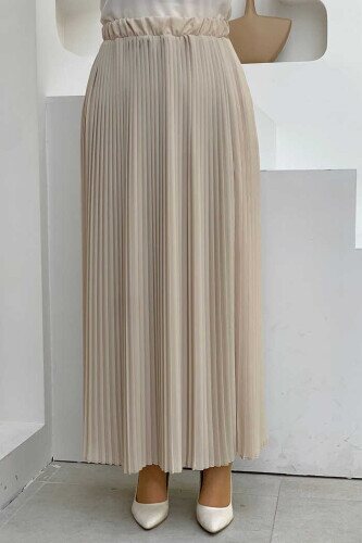 Elastic Waist Pleated Lined Chiffon Skirt 1152 Stone - 1