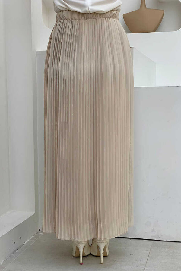 Elastic Waist Pleated Lined Chiffon Skirt 1152 Stone - 2