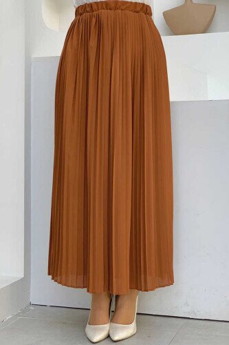 Elastic Waist Pleated Lined Chiffon Skirt 1152 Tan 