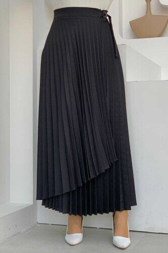 Side Tie Piece Detail Pleated Skirt 1176 Black 